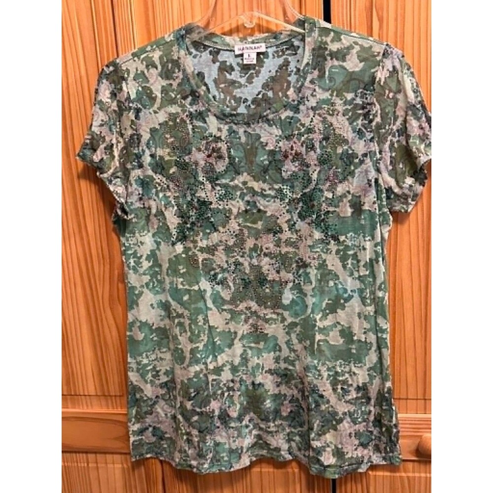 Hannah Top Shirt Womens Size Large Embroidered With Rhinestones Green Pullover